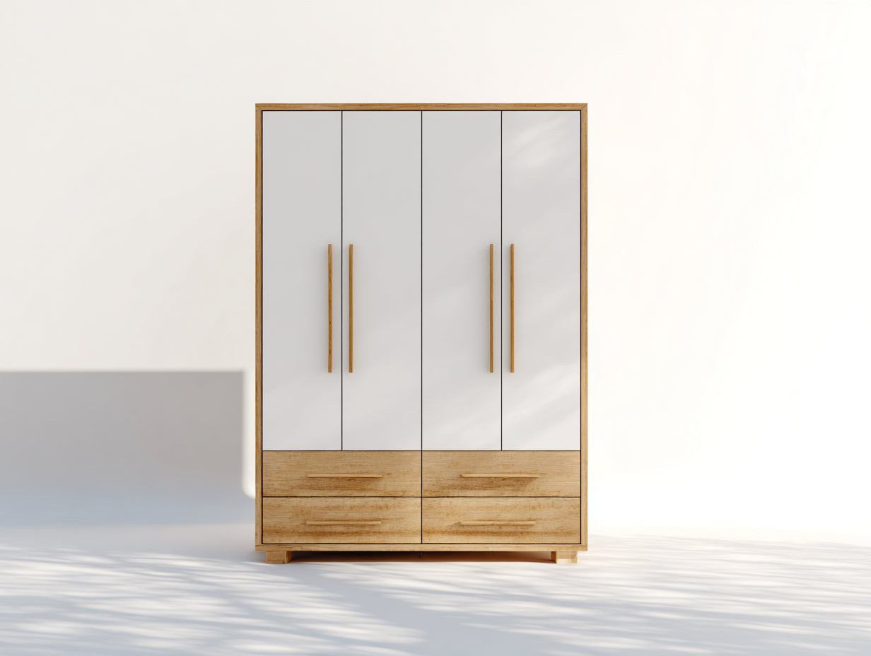 Armadio - pannello in legno-metallo - 140x52x185 cm - rovere naturale-bianco - moderno nordico con ante e cassetti
