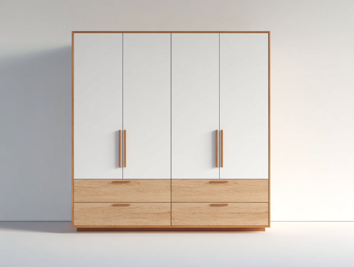 Armadio - pannello in legno-metallo - 170x55x195 cm - rovere naturale-bianco - moderno nordico con ante e cassetti