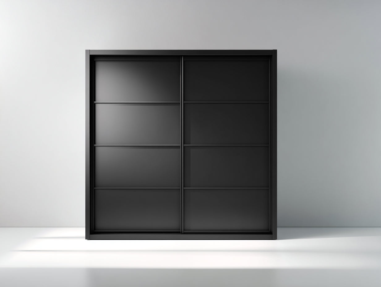 Armadio - pannello in legno-metallo - 150x55x180 cm - nero opaco - moderno minimalista con ante scorrevoli