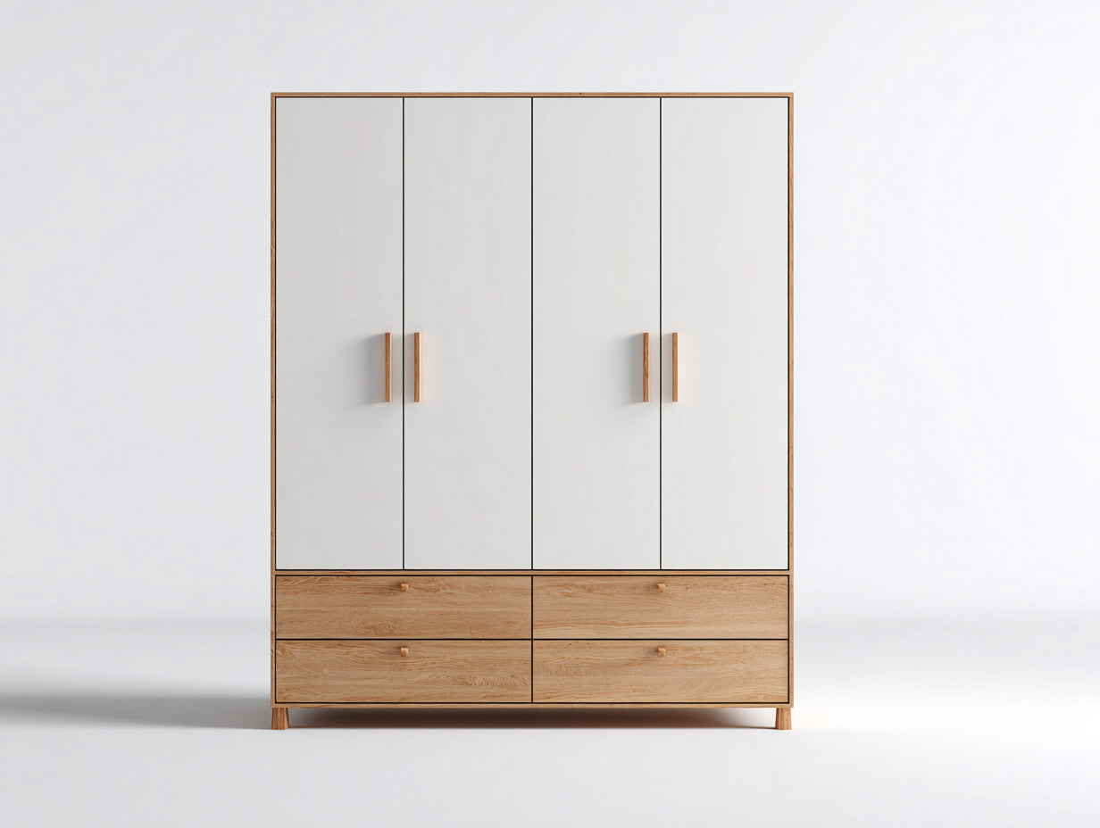 Armadio - pannello in legno-metallo - 150x52x190 cm - rovere naturale-bianco - moderno nordico con ante e cassetti