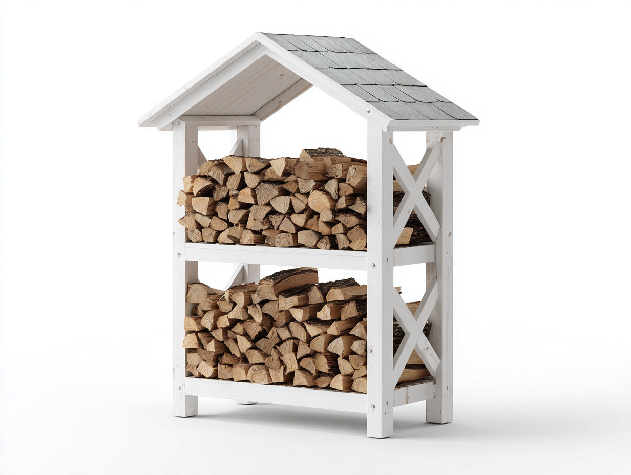 Portalegna - legno - 108x38x128 cm - bianco-grigio pietra - cottage con tetto a capanna