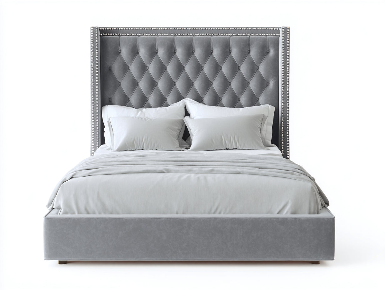 Letto matrimoniale - velluto-metallo - 218x176x142 cm - grigio argento - classico moderno