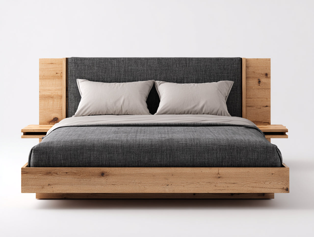 Letto matrimoniale - legno-tessuto - 220x286x112 cm - rovere naturale-grigio scuro - moderno